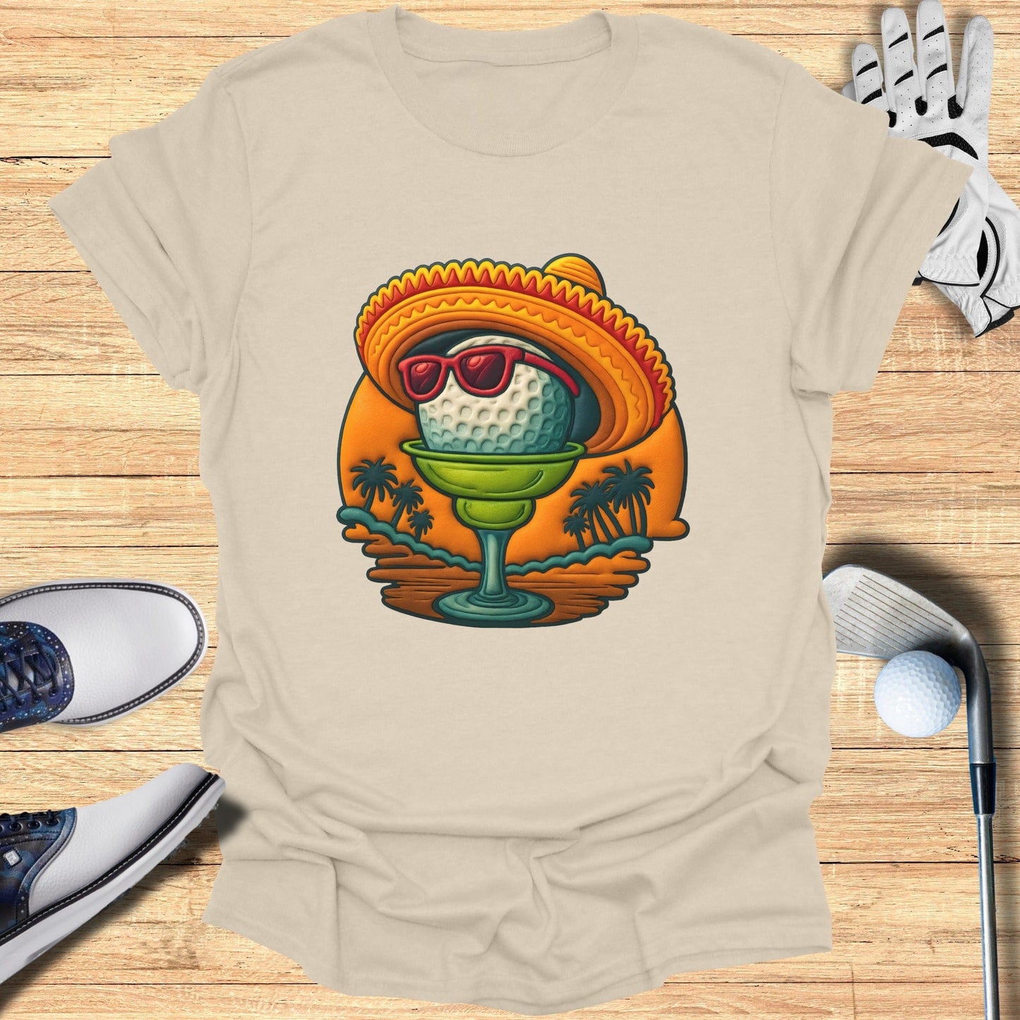 Golf Ball Wearing Sombrero with Sunset Graphic Shirt
