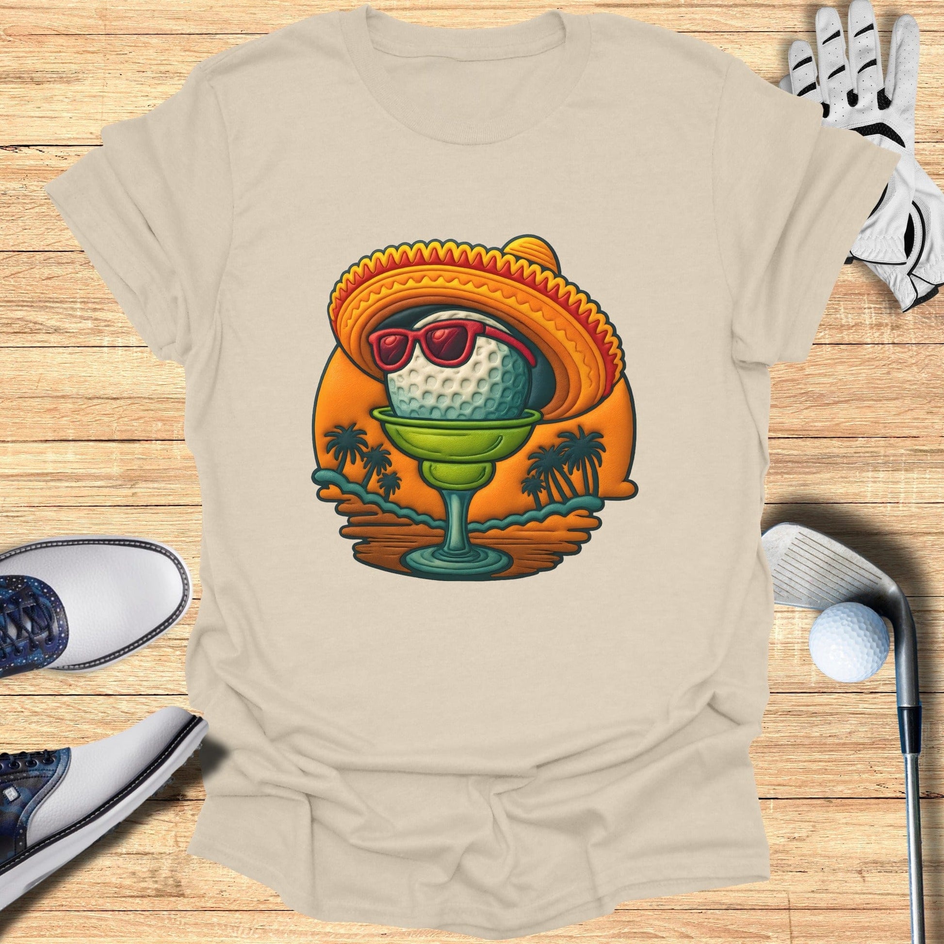 Golf Ball Wearing Sombrero with Sunset Graphic Shirt