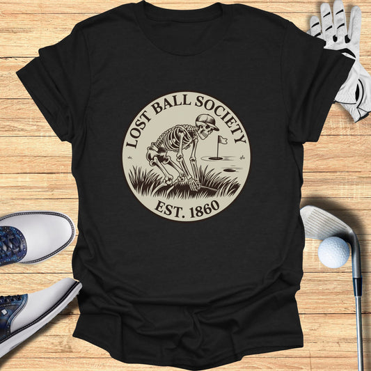 Black t-shirt with "Lost Ball Society Est. 1860" skeleton logo.