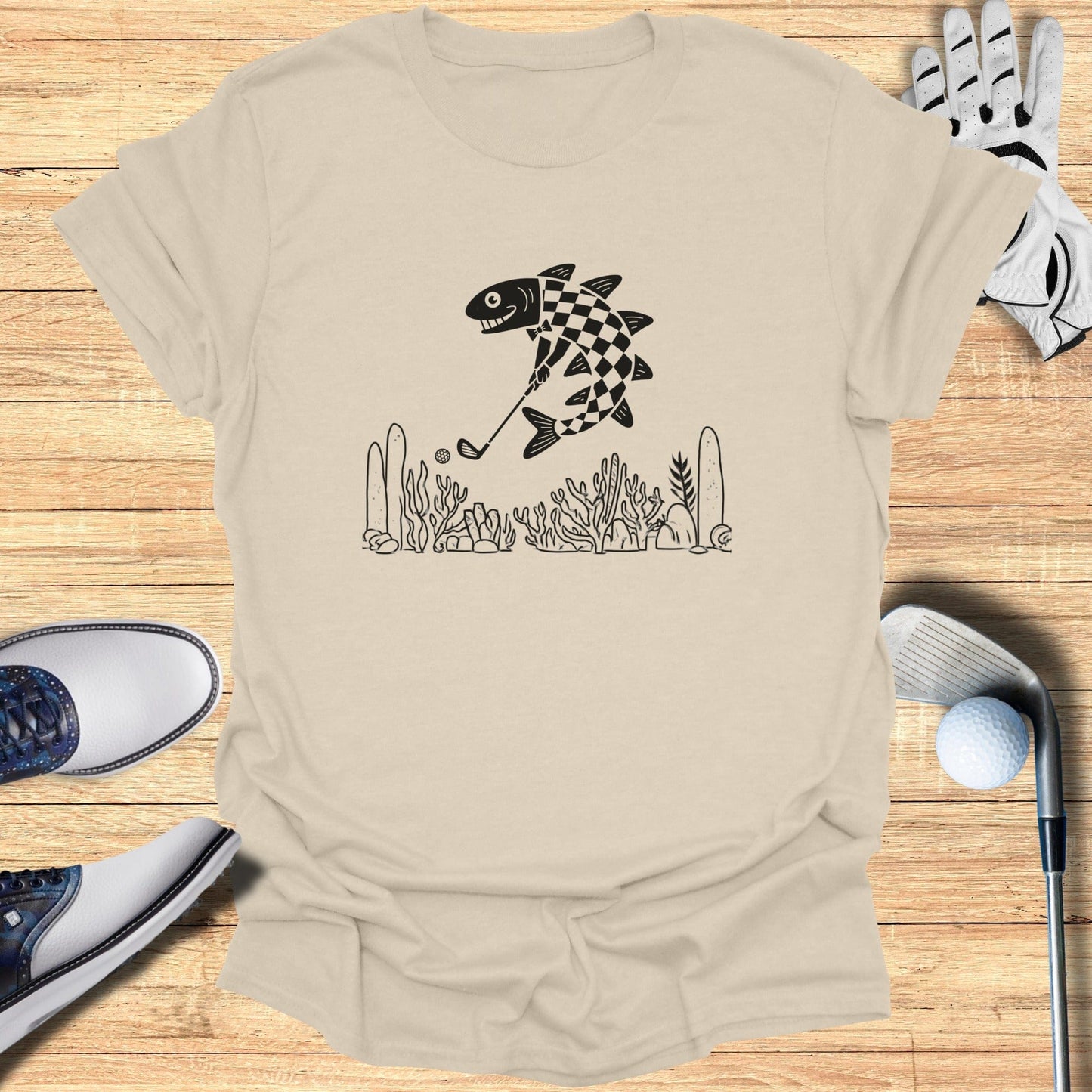 Checkered Fish Playing Golf Ocean Scene T-shirt