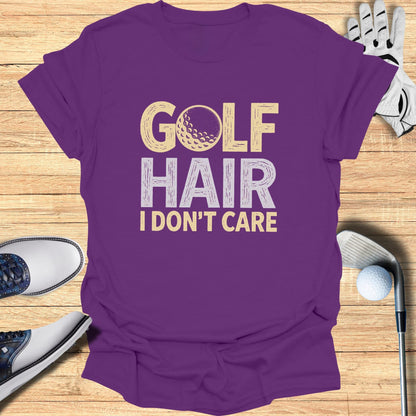 Purple t-shirt with "Golf Hair I Don't Care" and golf ball graphic.