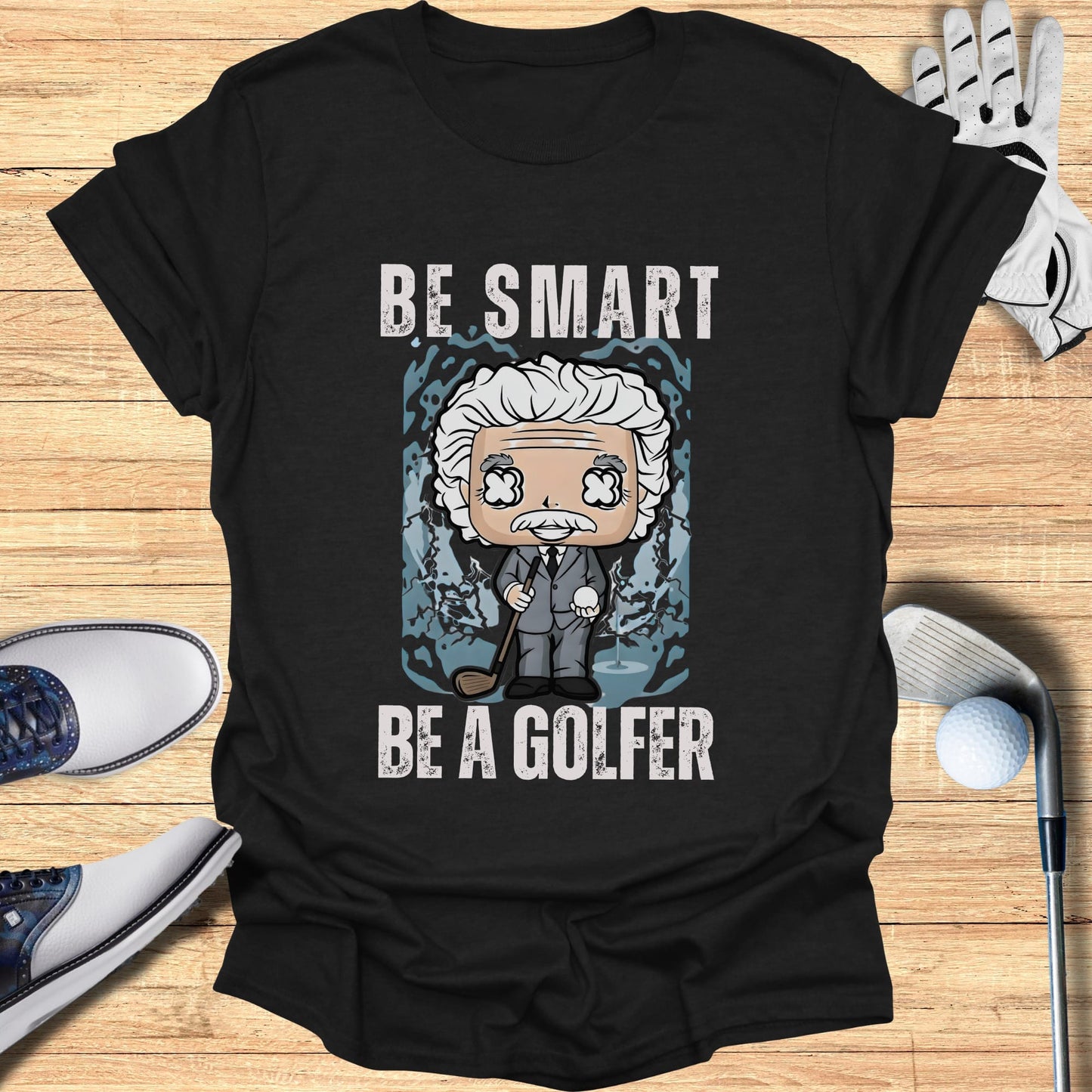 Black t-shirt with text "BE SMART BE A GOLFER" and cartoon golfer.