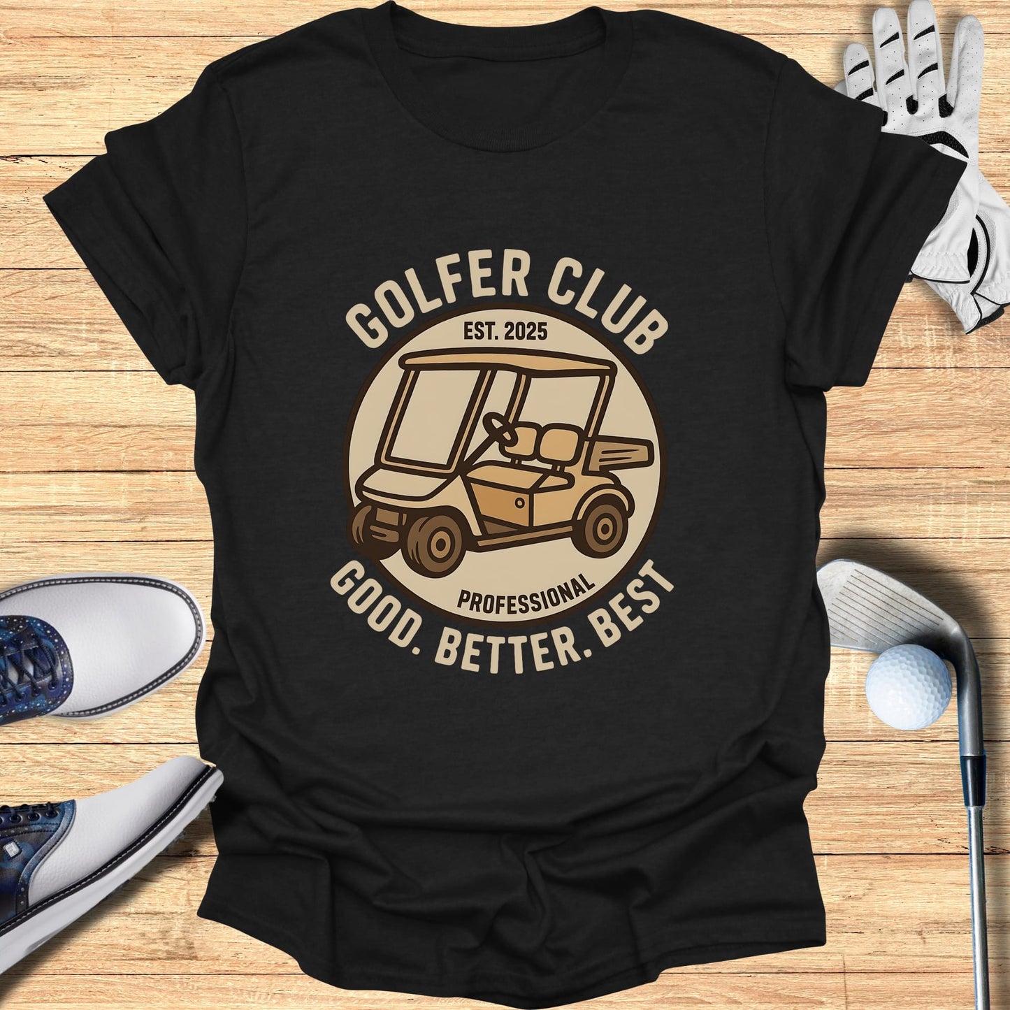 Golf club logo with golf cart and text "Golfer Club Est. 2025 Good. Better. Best."
