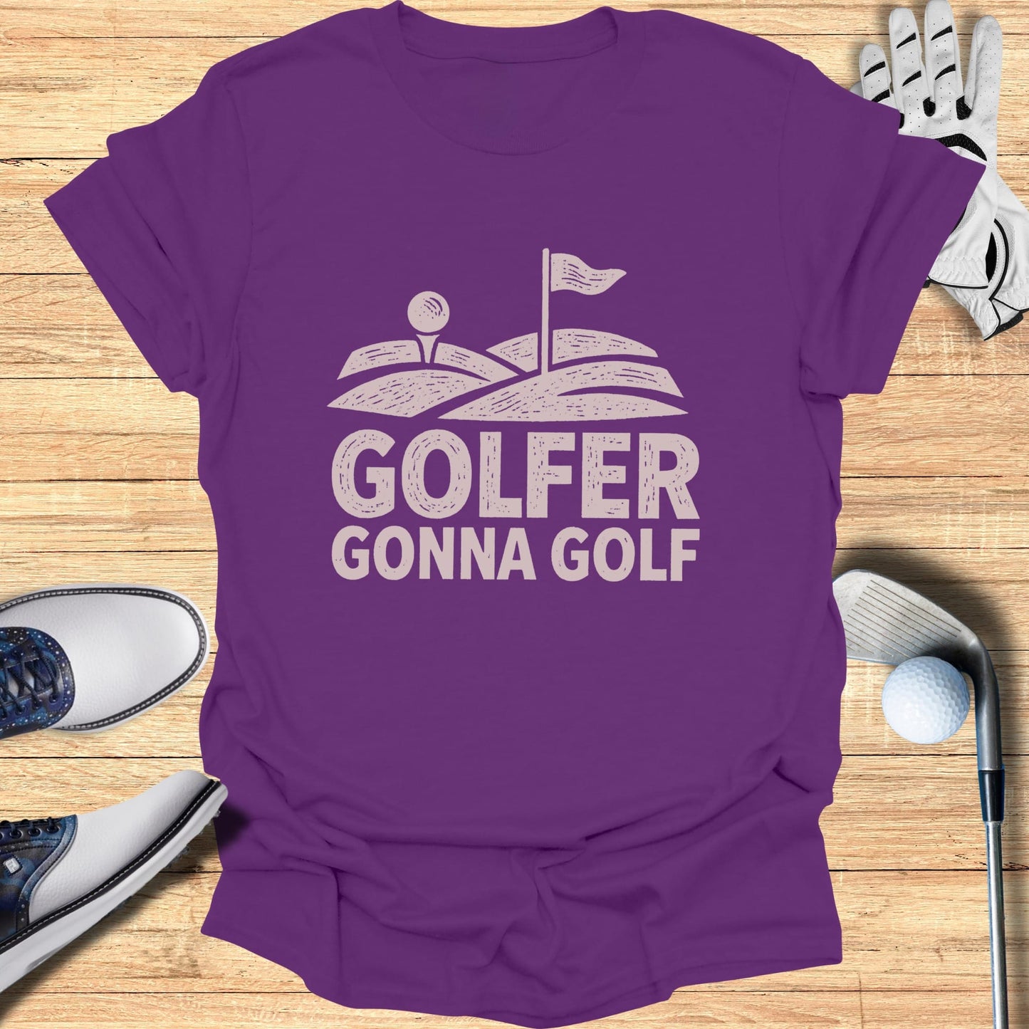 Purple t-shirt with "Golfer Gonna Golf" text and golf graphic.
