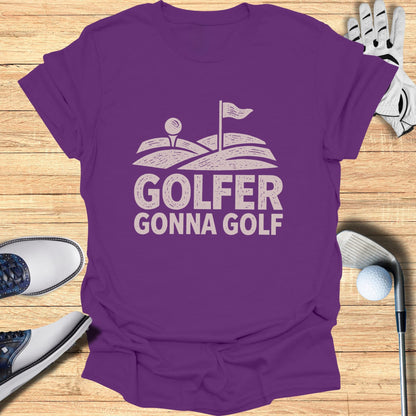 Purple t-shirt with "Golfer Gonna Golf" text and golf graphic.