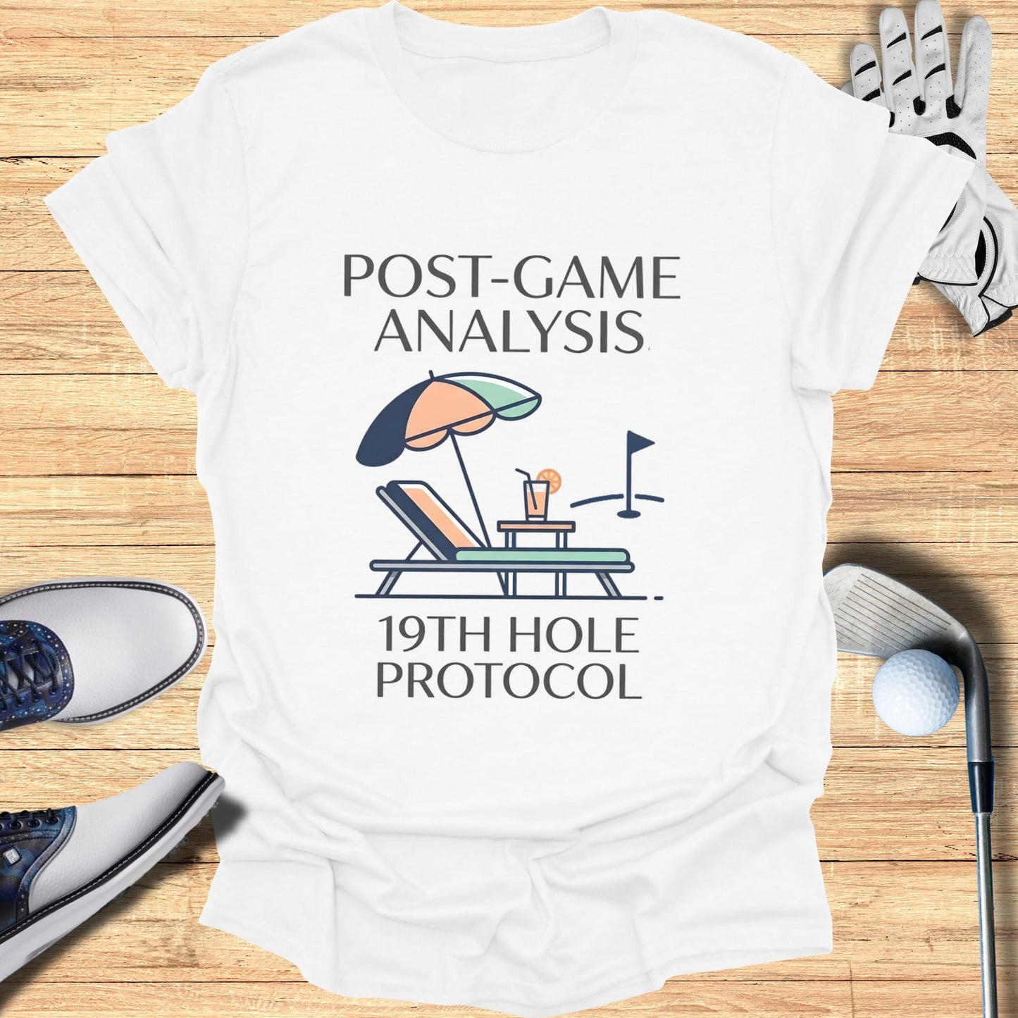 T-shirt with "POST-GAME ANALYSIS 19TH HOLE PROTOCOL" text and golf graphic.
