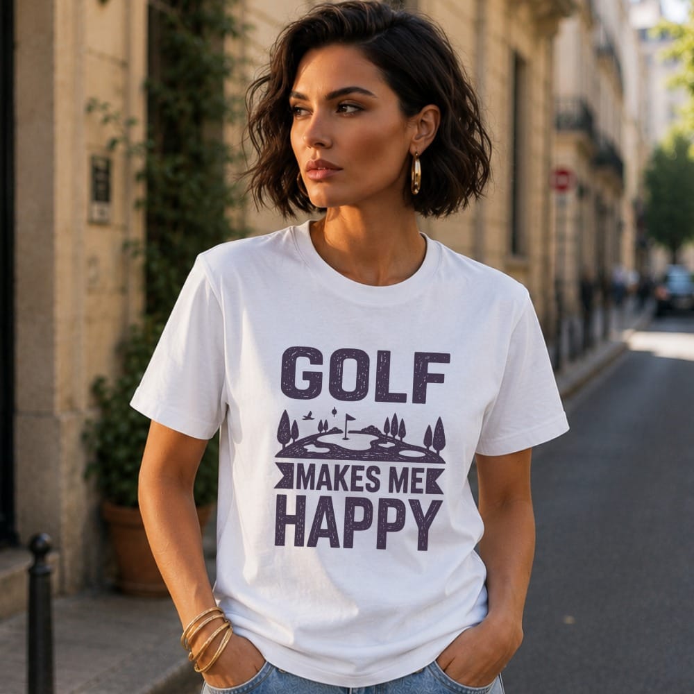 White t-shirt with "GOLF MAKES ME HAPPY" text and golf club graphic.