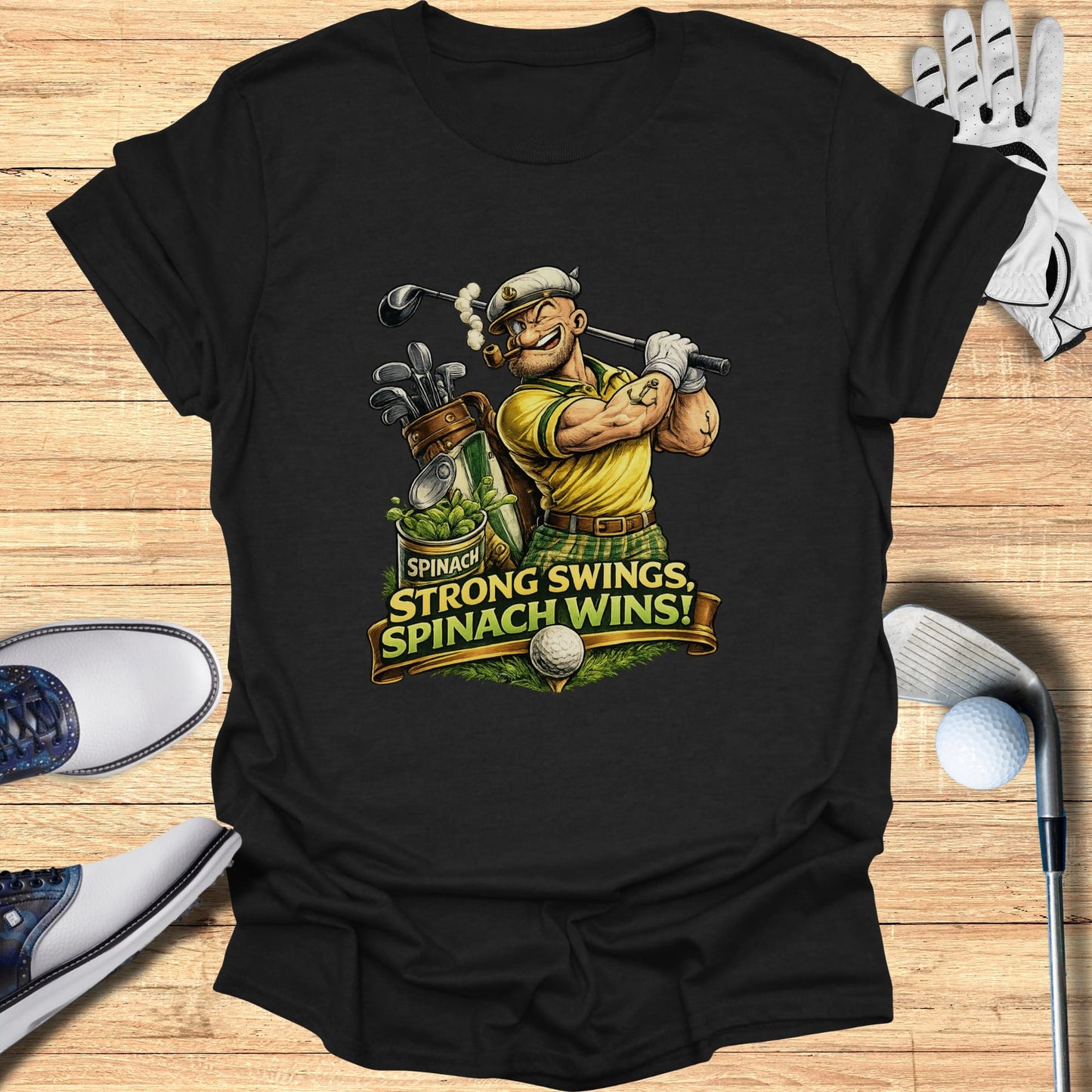 Golfer with spinach bag swings club, text "Spinach, strong swings, spinach wins!".