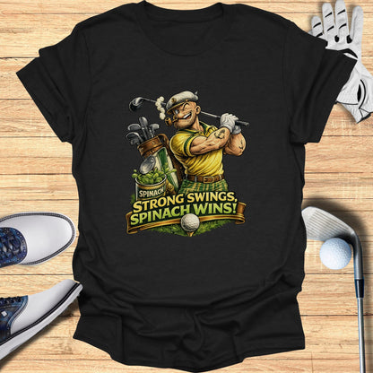 Golfer with spinach bag swings club, text "Spinach, strong swings, spinach wins!".