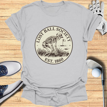T-shirt with Lost Ball Society skeleton golf logo, est. 1860.