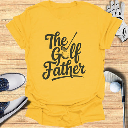 Yellow t-shirt with "The Golf Father" text and golf club graphic.