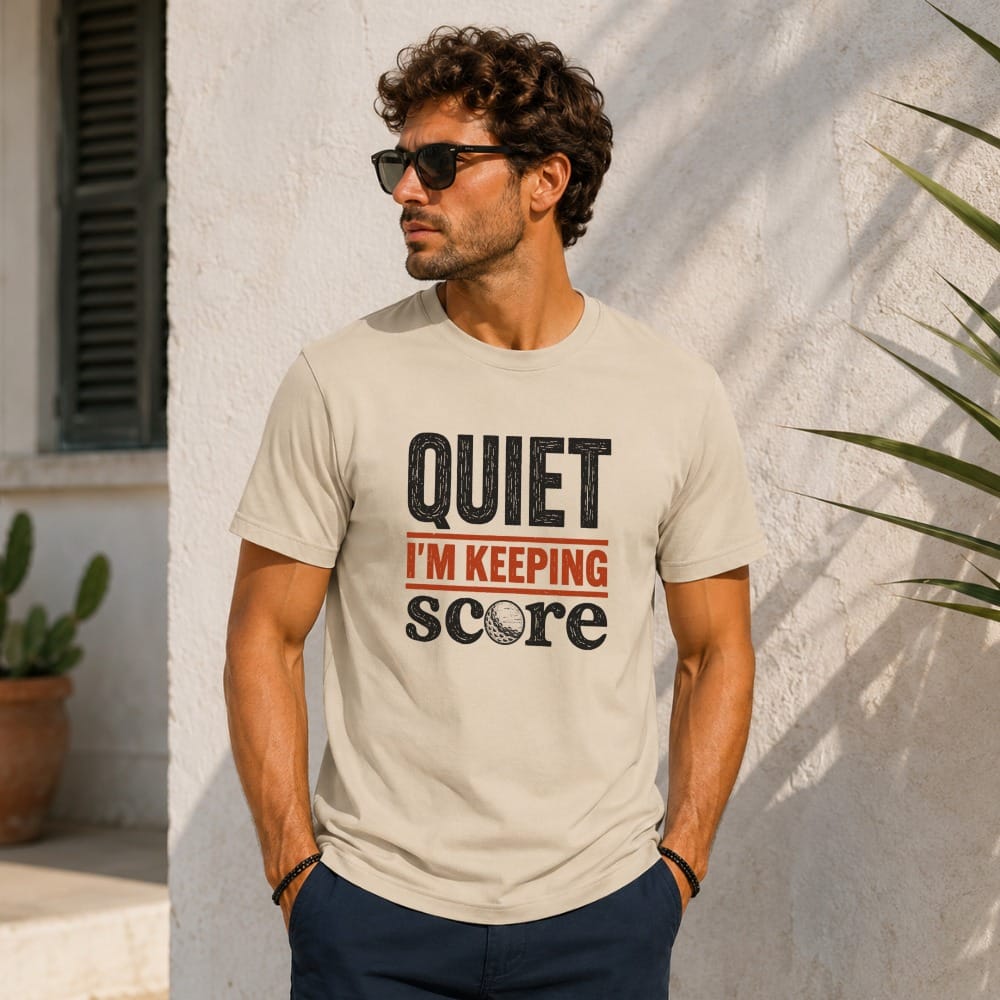 Man wearing a light tan t-shirt with "QUIET I'M KEEPING SCORE" and golf ball graphic.