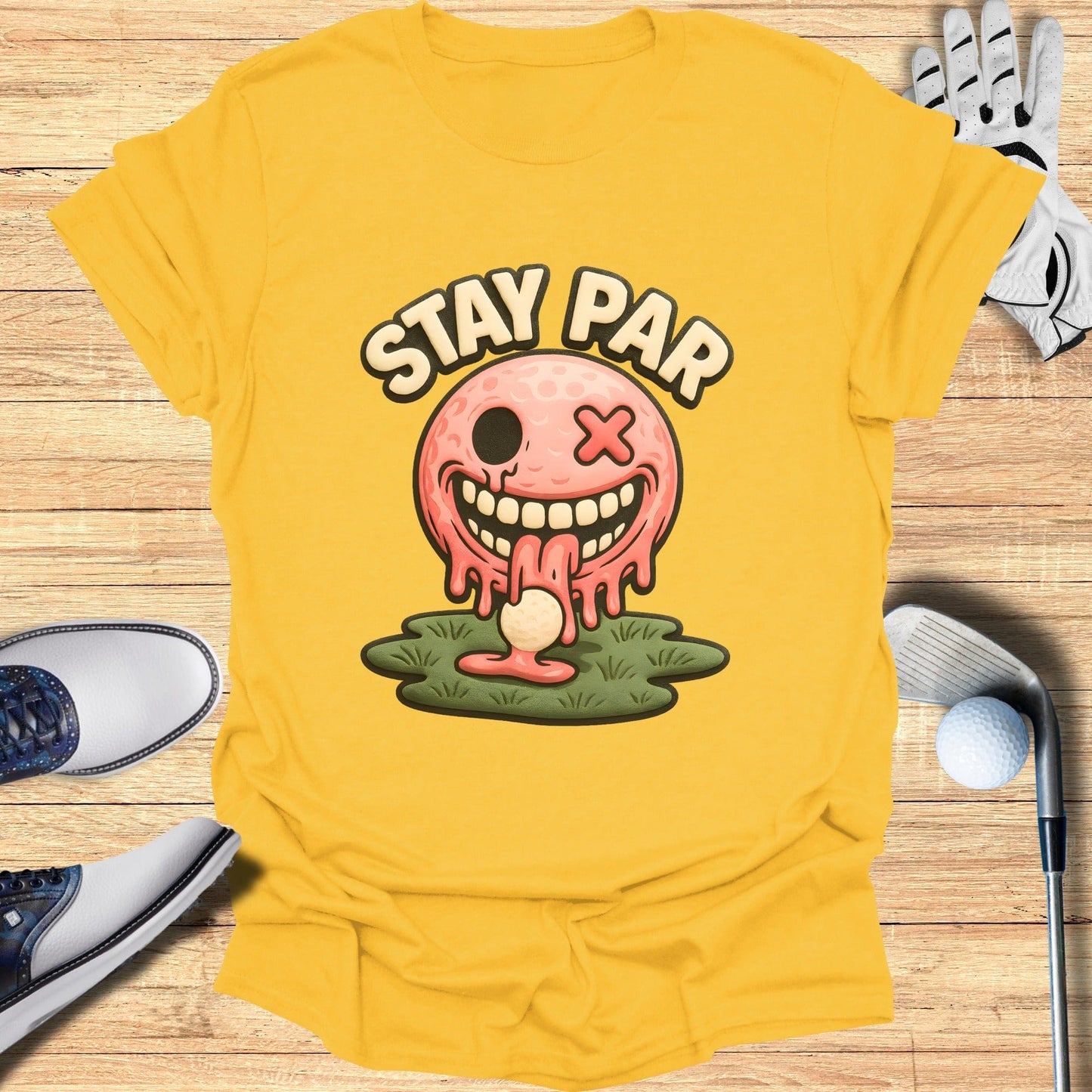 Stay Par Golf Themed Yellow Graphic Tee Shirt