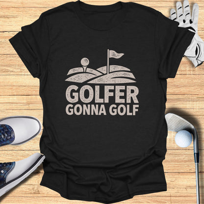 Black t-shirt with "GOLFER GONNA GOLF" text and golf imagery.