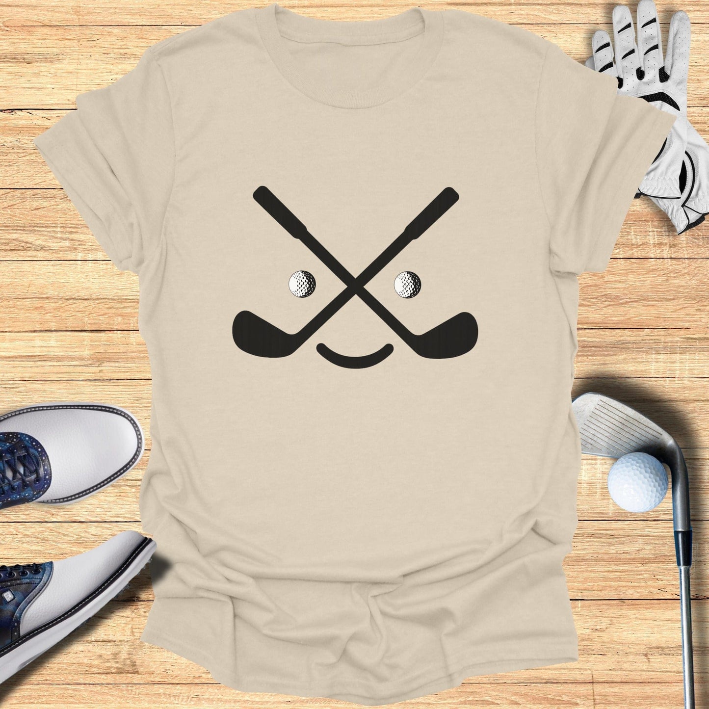 Fun Golf Themed T-Shirt with Smiley Face Design
