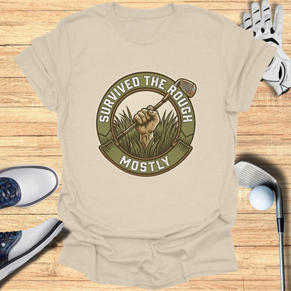 Golf t-shirt with a circular logo of a hand holding a golf club out of grass.