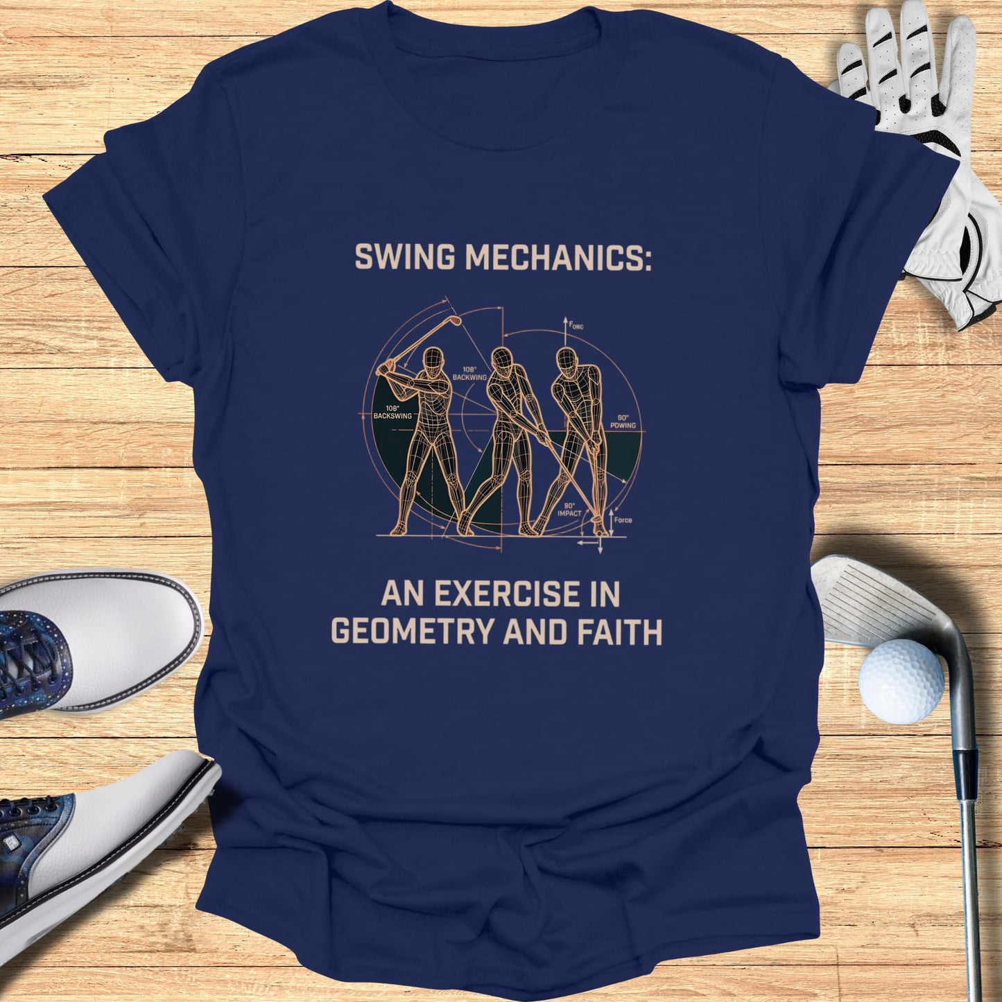 Navy t-shirt with golf swing mechanics diagram and text.