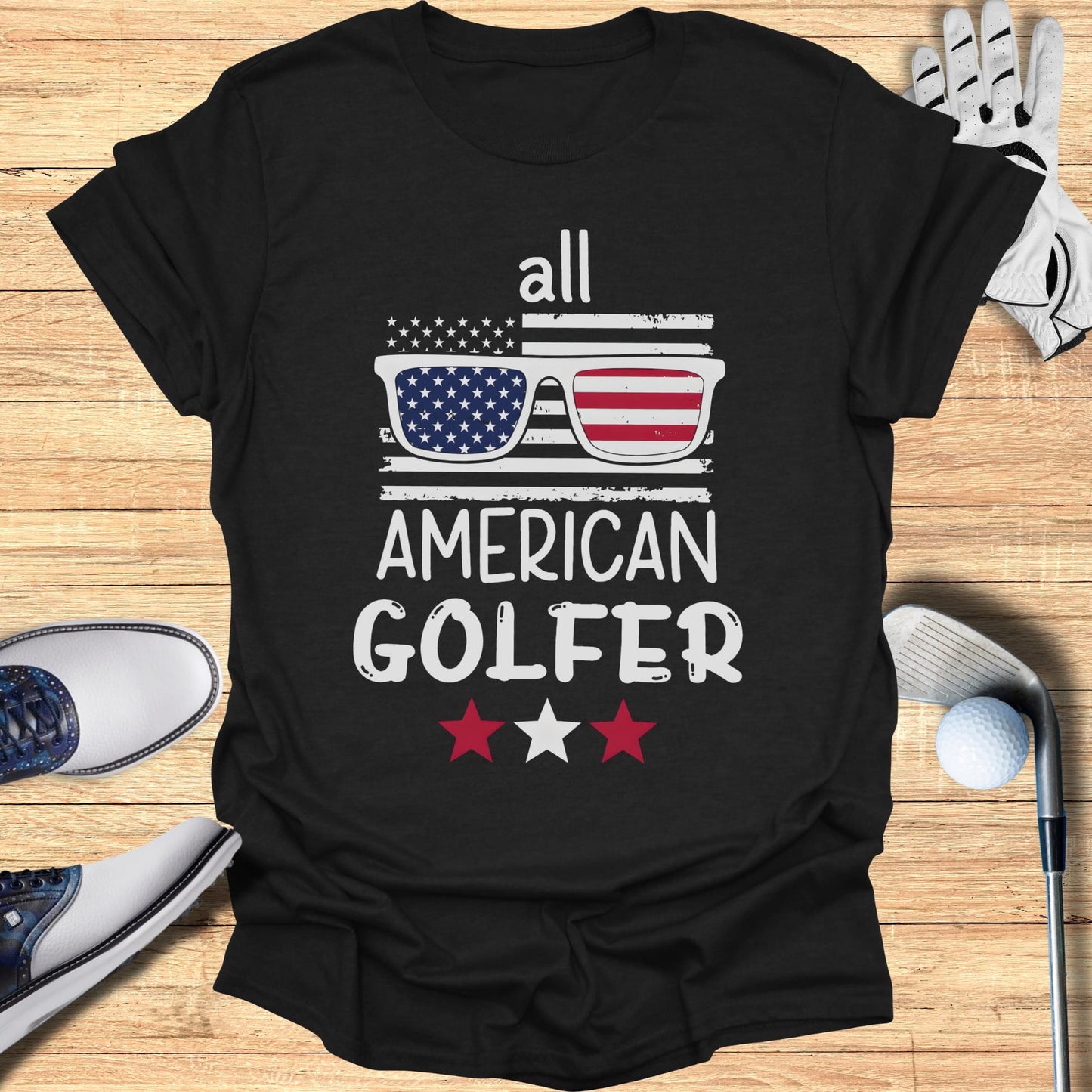 Black t-shirt with "All American Golfer" text, American flag sunglasses.
