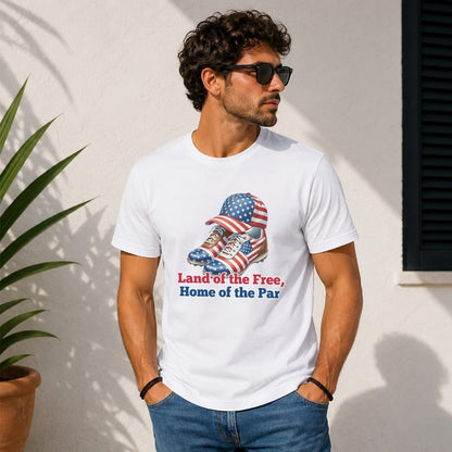 White t-shirt with patriotic baseball cap and sneakers graphic.