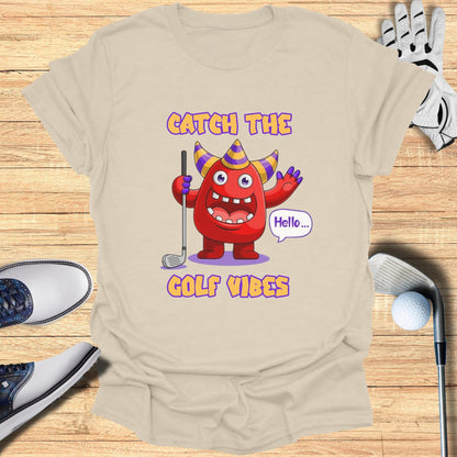 Red cartoon monster in golf attire with "Catch the Golf Vibes" text.