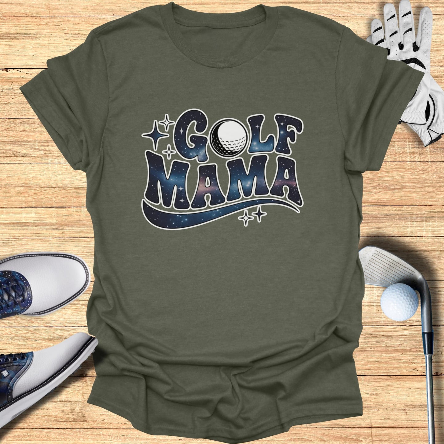 Olive green t-shirt with "Golf Mama" text and galaxy-style fill.