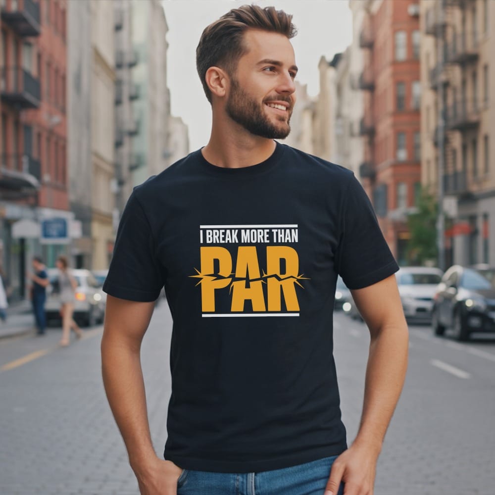 Man wearing dark t-shirt with "I break more than PAR" graphic.
