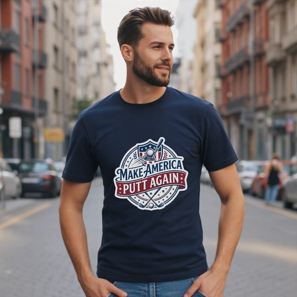 Man wearing navy t-shirt with "Make America Putt Again" golf graphic.