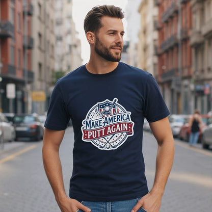 Man wearing navy t-shirt with "Make America Putt Again" golf graphic.