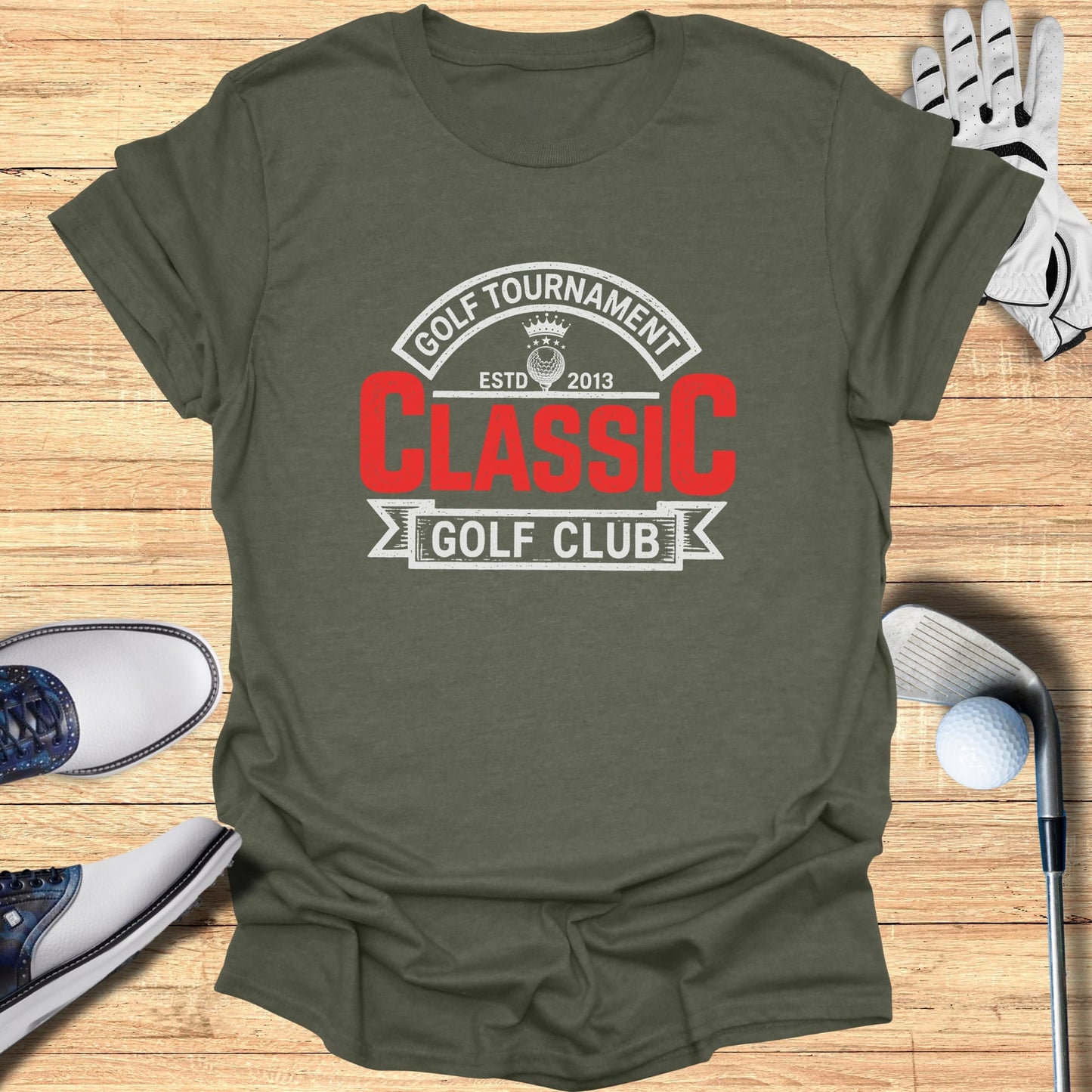 Olive t-shirt with "Golf Tournament Classic Golf Club 2013" text.