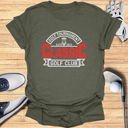 Olive t-shirt with "Golf Tournament Classic Golf Club 2013" text.