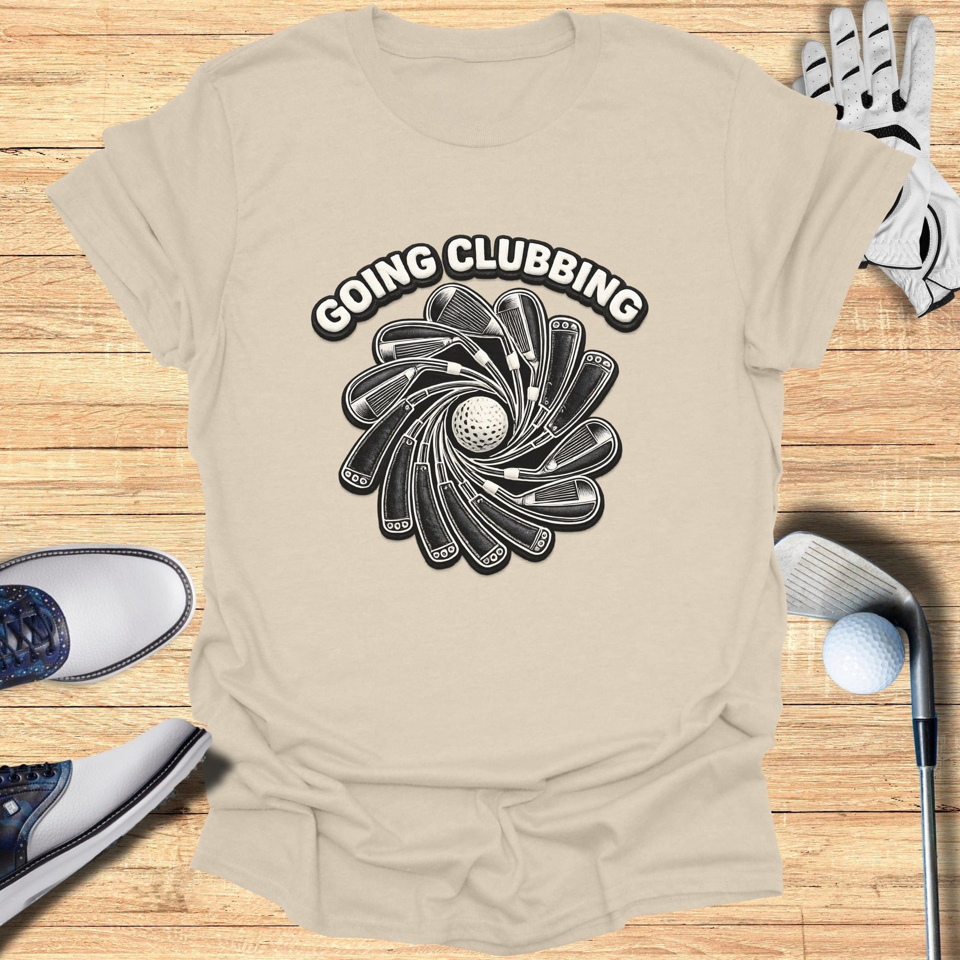 Going Clubbing Golf Clubs Spiral Graphic T-Shirt