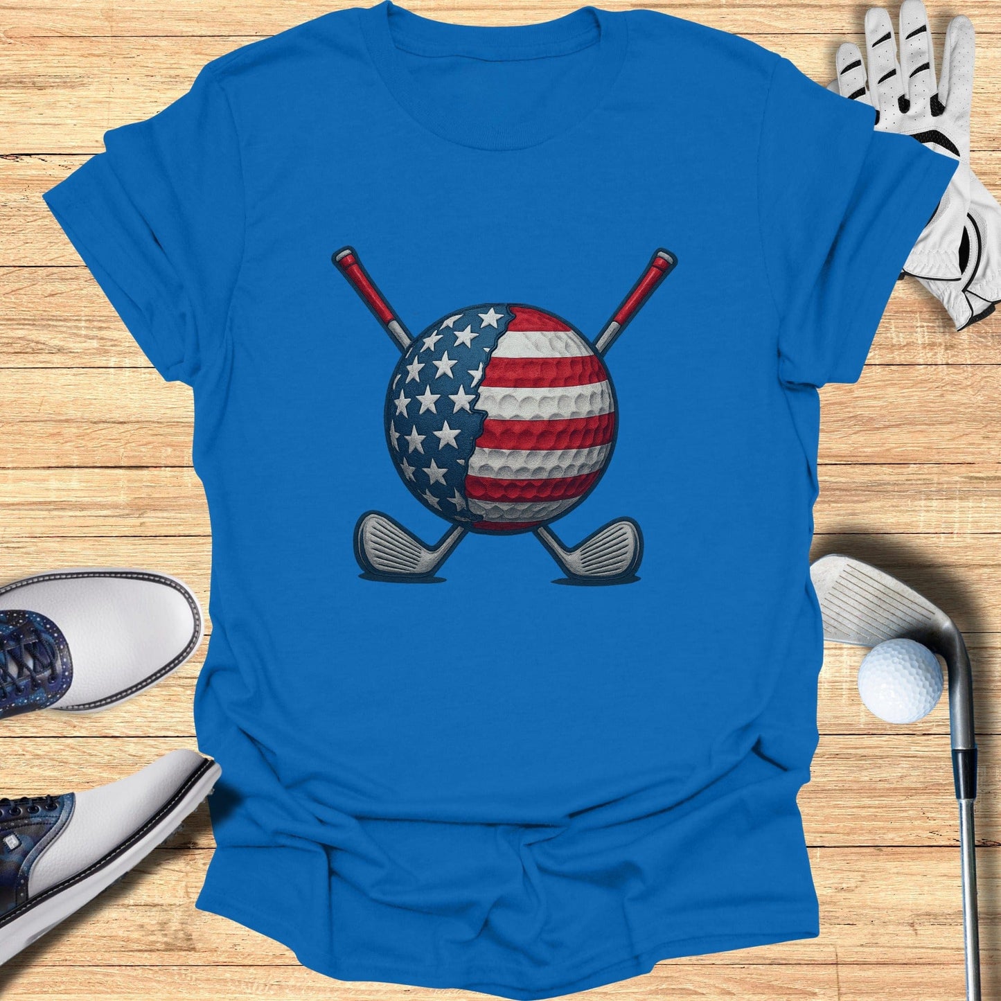 American Flag Golf Ball with Clubs Graphic T-shirt