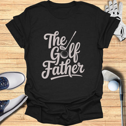 Black t-shirt with "The Golf Father" text and golf ball graphic.