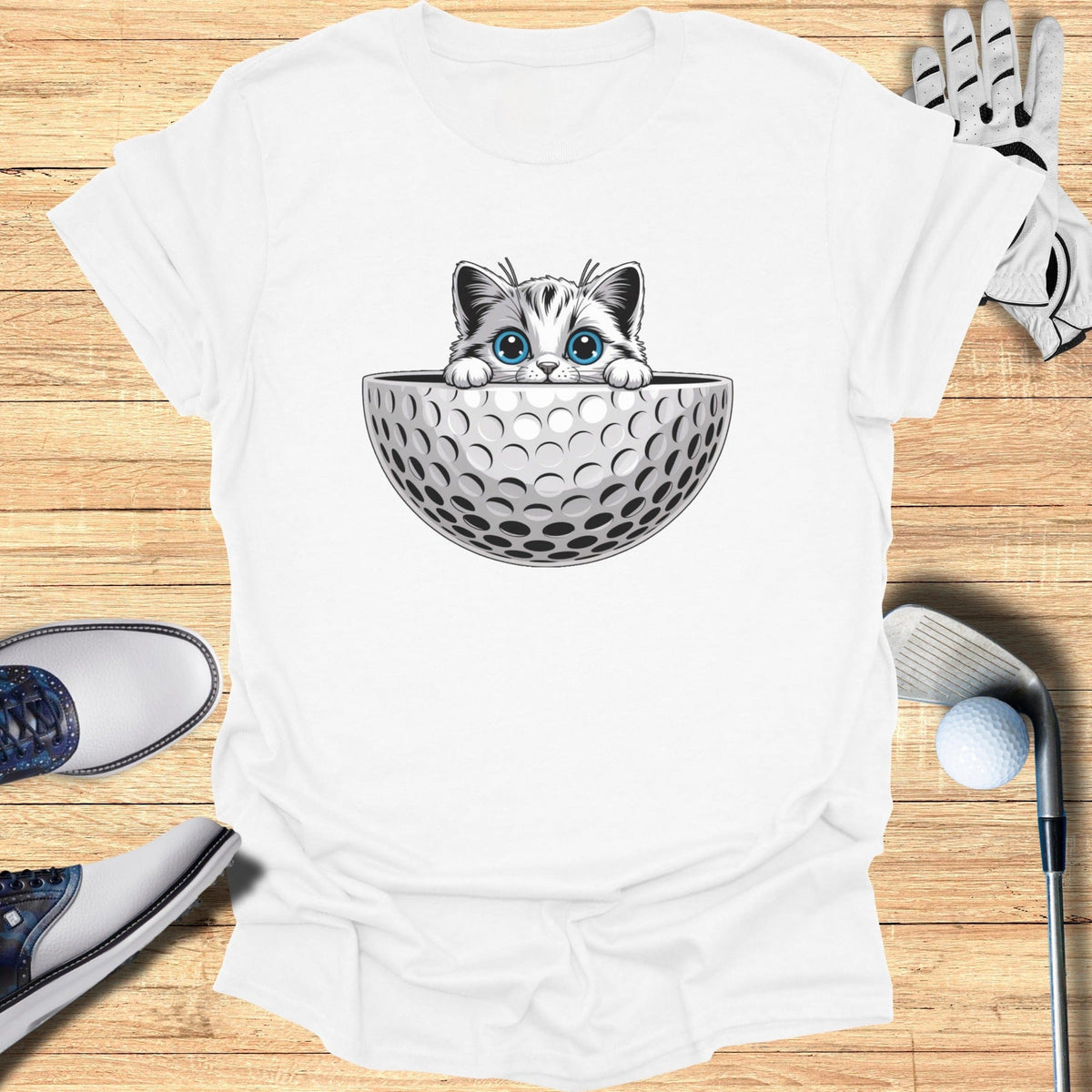 Cute Cat Peeking from Golf Ball Graphic T-shirt