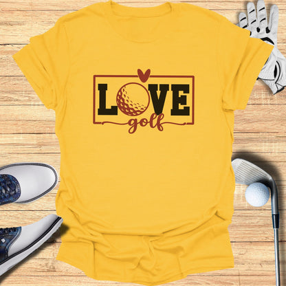 Yellow t-shirt with "Love Golf" text and a golf ball graphic.