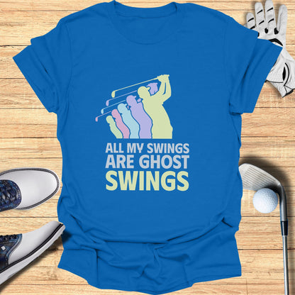 Blue t-shirt with "ALL MY SWINGS ARE GHOST SWINGS" text and golf graphic.
