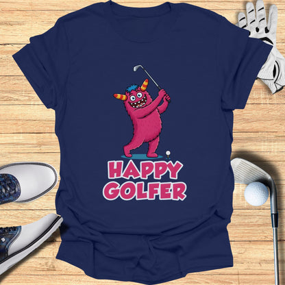 Pink monster golfing with "Happy Golfer" text.