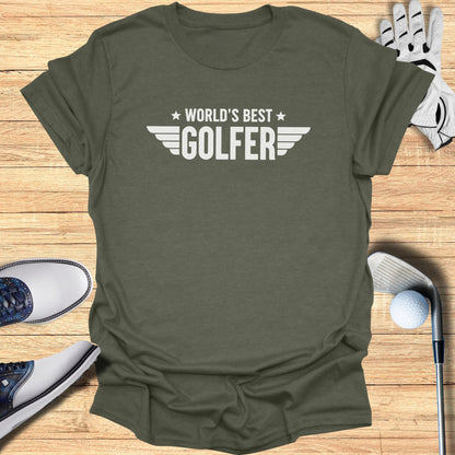 Olive green t-shirt with white text "World's Best Golfer" and wings.