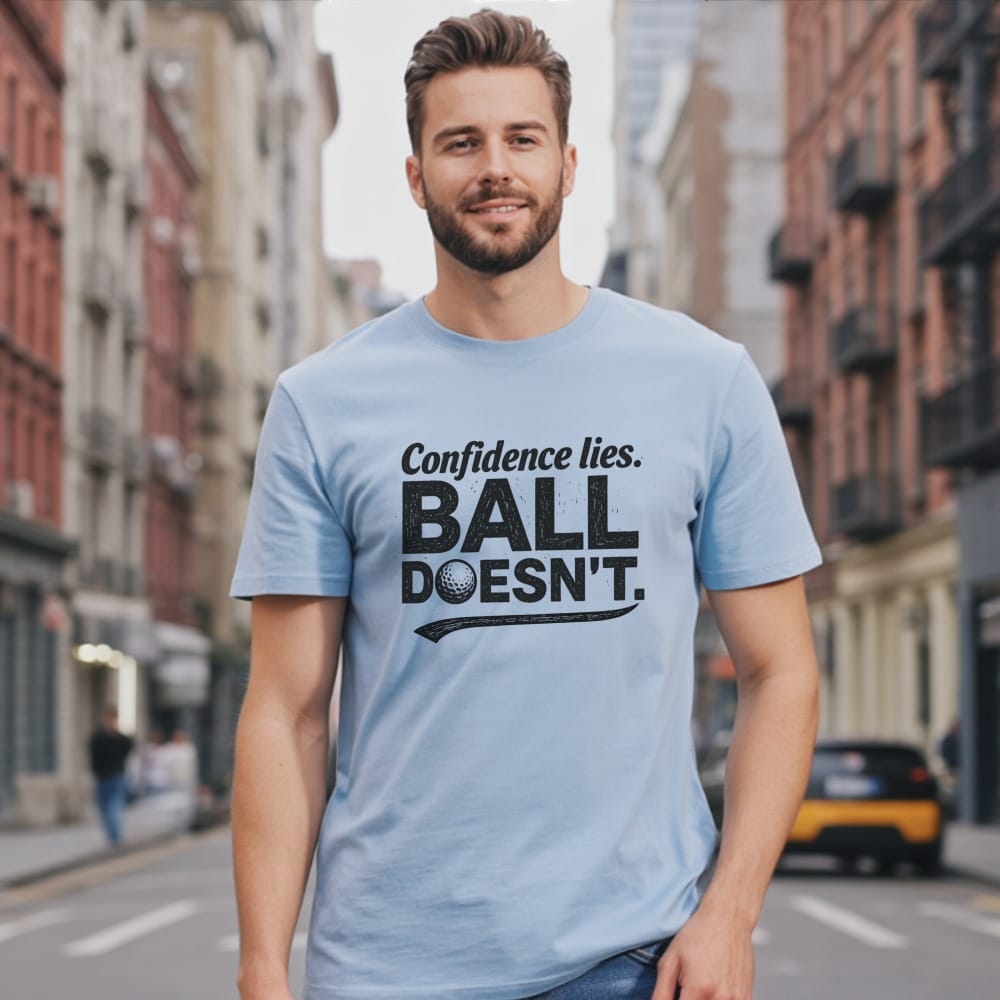 Light blue t-shirt with "Confidence lies. BALL DOESN'T." text and golf ball graphic.