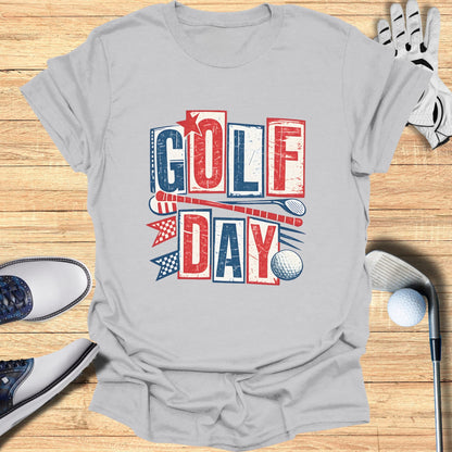 Gray t-shirt with "GOLF DAY" in red, white, and blue lettering and golf elements.