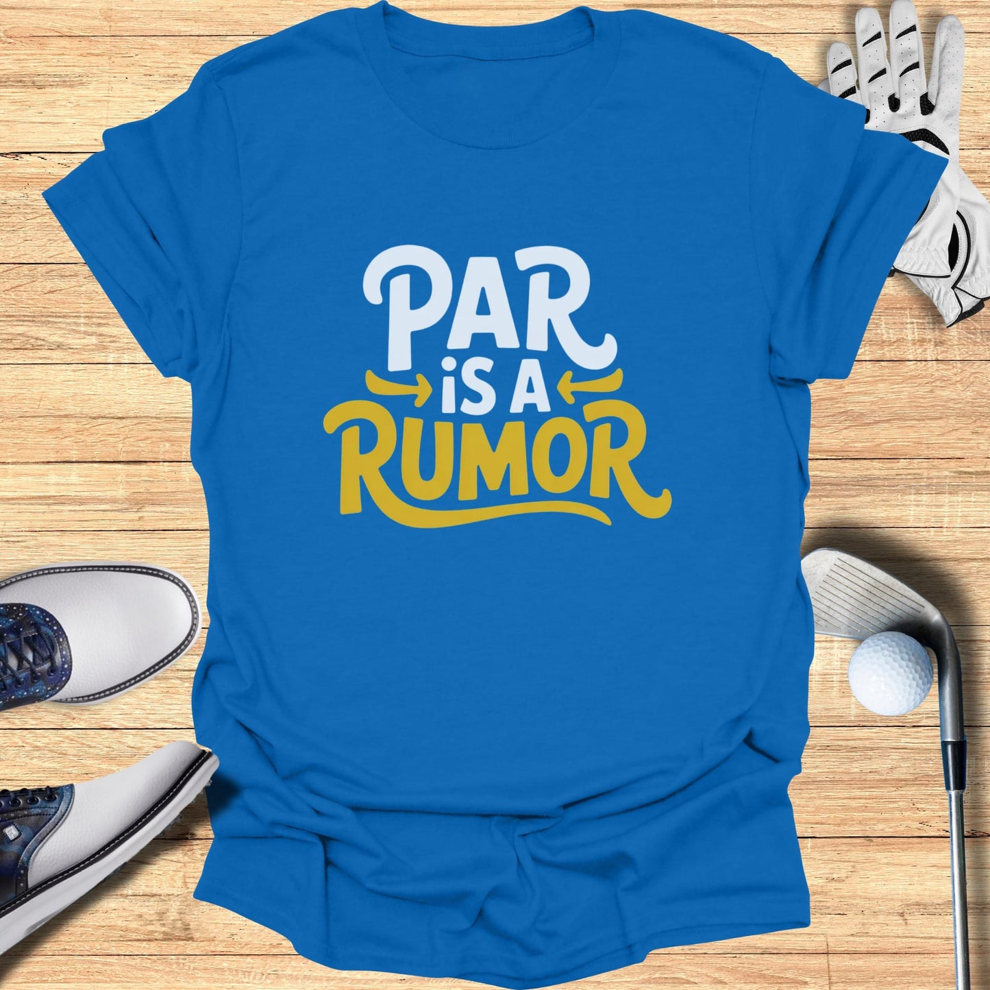 Blue t-shirt with "PAR IS A RUMOR" in white and yellow text.