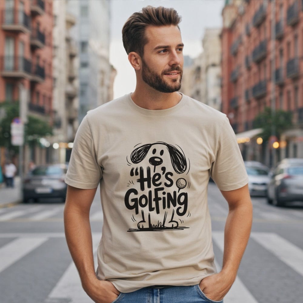 Fun 'He's Golfing' Cartoon Dog Graphic T-shirt