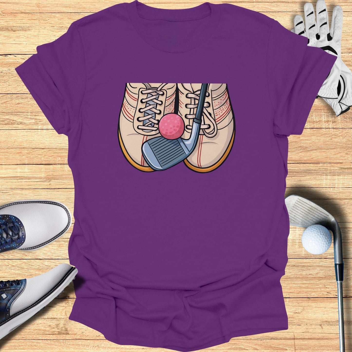 Graphic Tee with Golf Clubs and Shoes Design