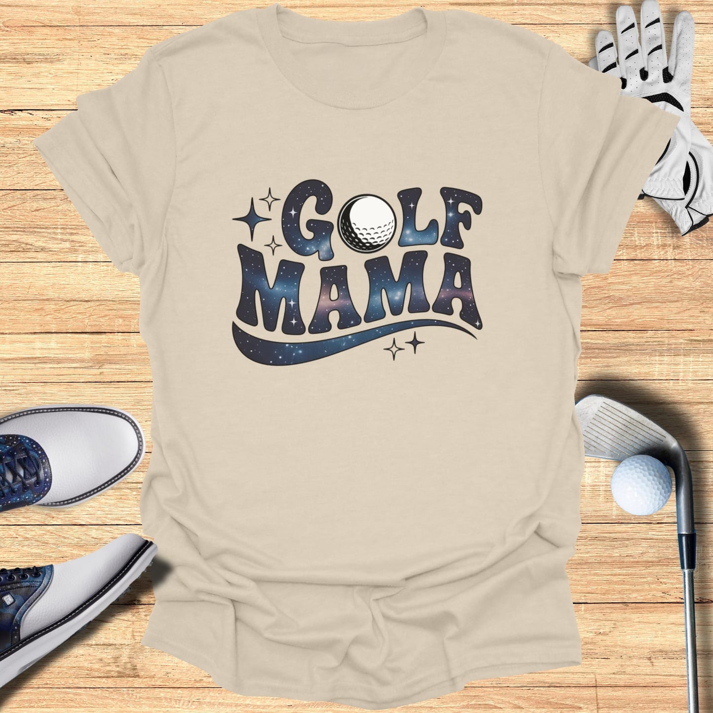 Beige t-shirt with "GOLF MAMA" text and galaxy design.