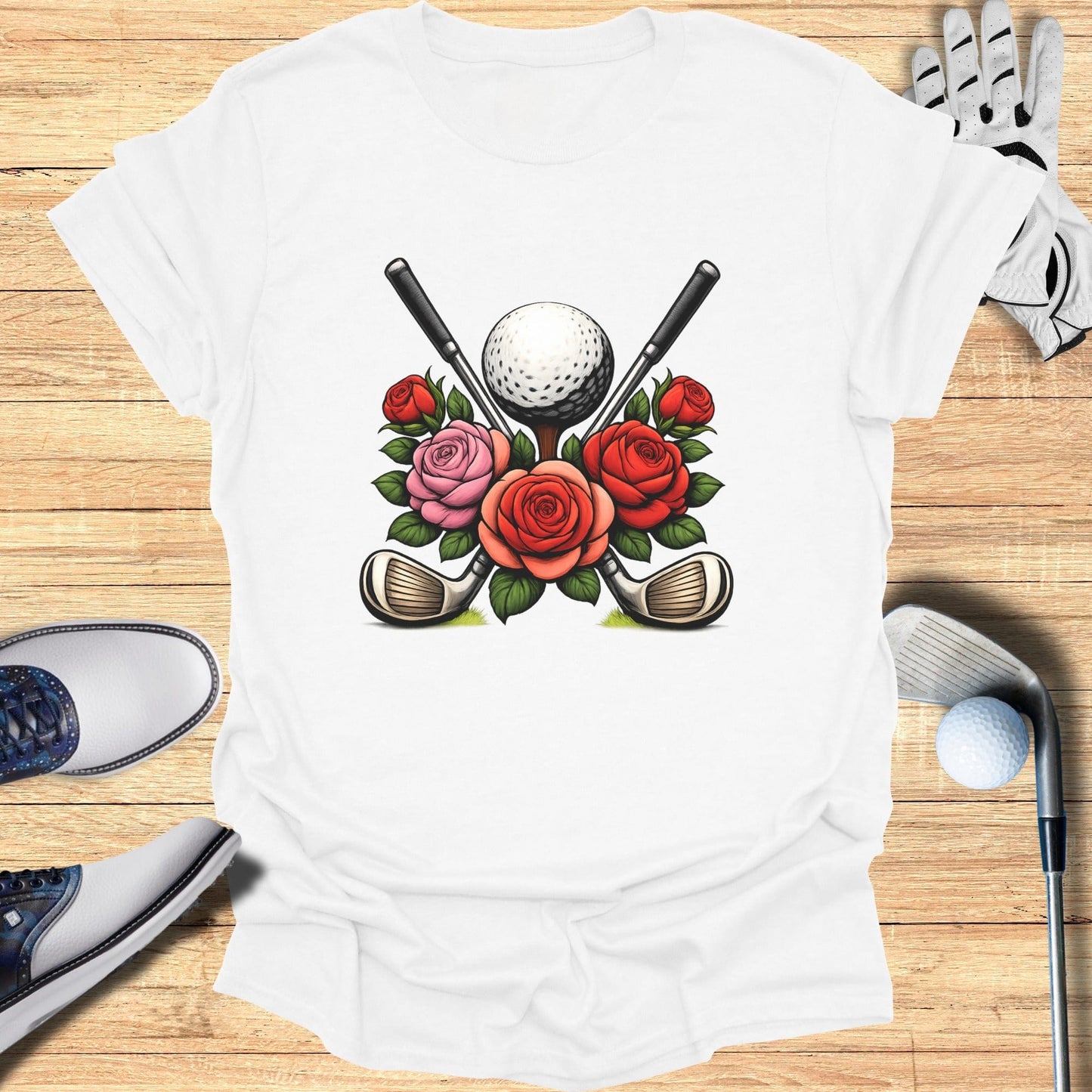 Floral Rose Golf Clubs and Golf Ball Graphic T-Shirt
