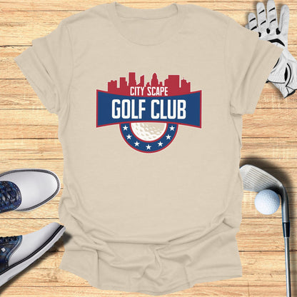 T-shirt with "City Scape Golf Club" logo and golf accessories.