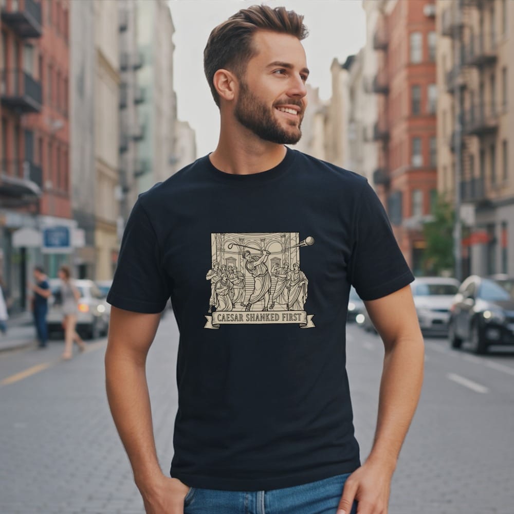 Man wearing black t-shirt with a Roman-themed graphic and "CAESAR SHANKED FIRST" text.