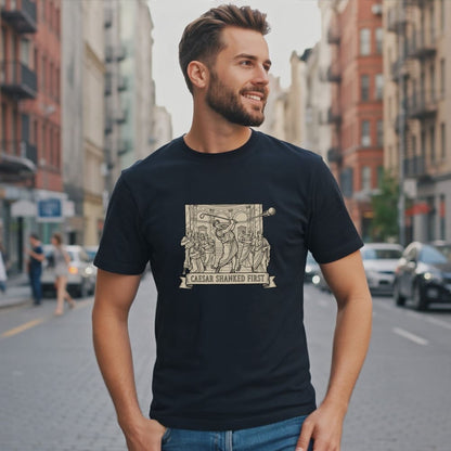 Man wearing black t-shirt with a Roman-themed graphic and "CAESAR SHANKED FIRST" text.
