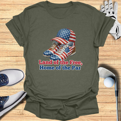 Green t-shirt with "Land of the Free, Home of the Par" text over American flag golf cap and shoes.