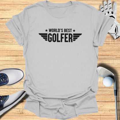 Gray t-shirt with black text "WORLD'S BEST GOLFER" and wings design.